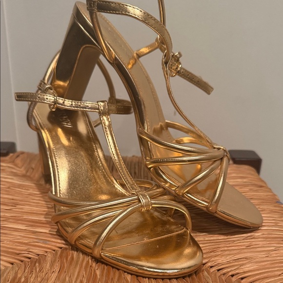J. Crew Factory Metallic Gold Strappy T‑Bar Block Heel Sandals - Picture 2 of 4